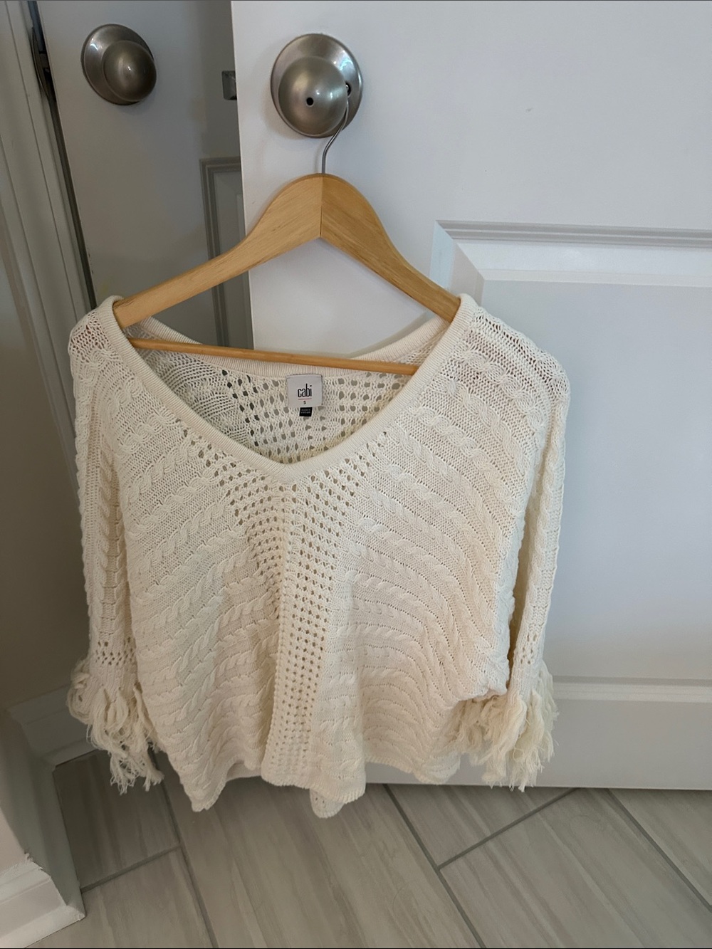 CAbi Cream Open-Weave V-Neck Sweater with Fringe Sleeves